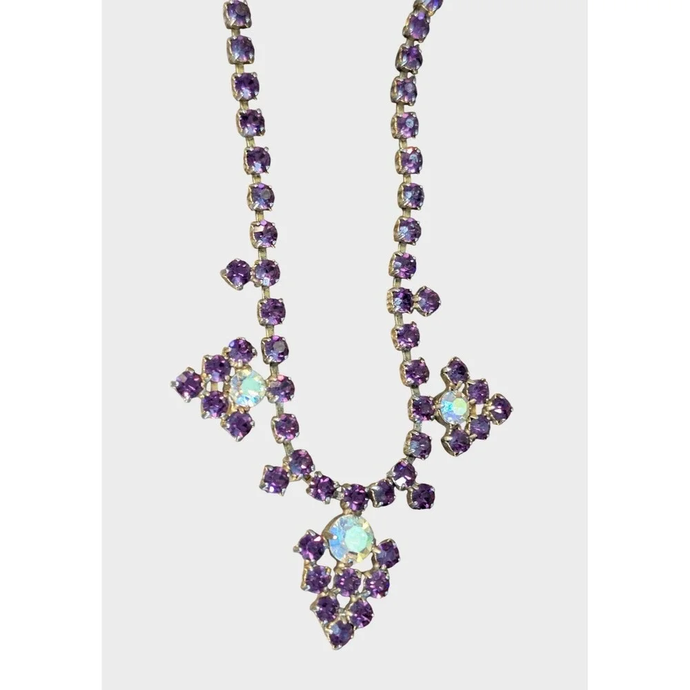 Vintage Purple Rhinestone Bib Necklace Mid-Century Statement 15